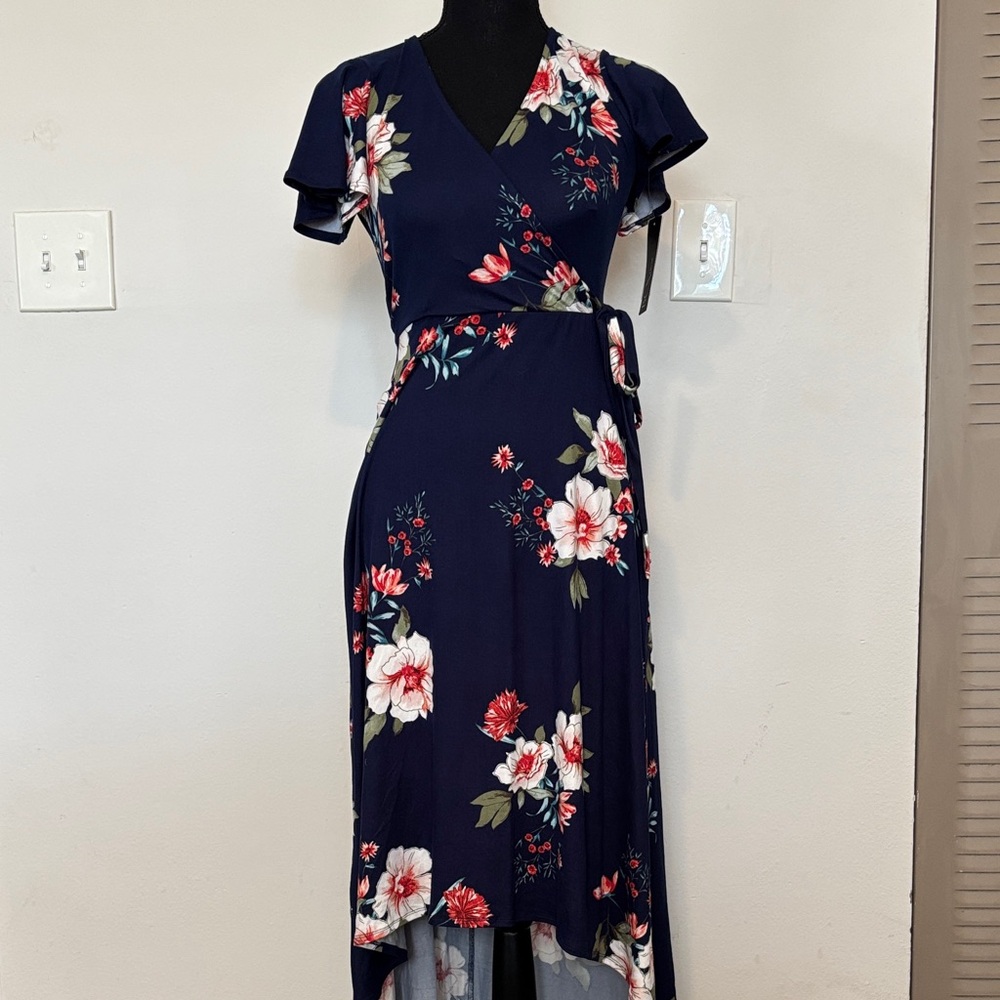 Floral Wrap Dress - Navy and Red